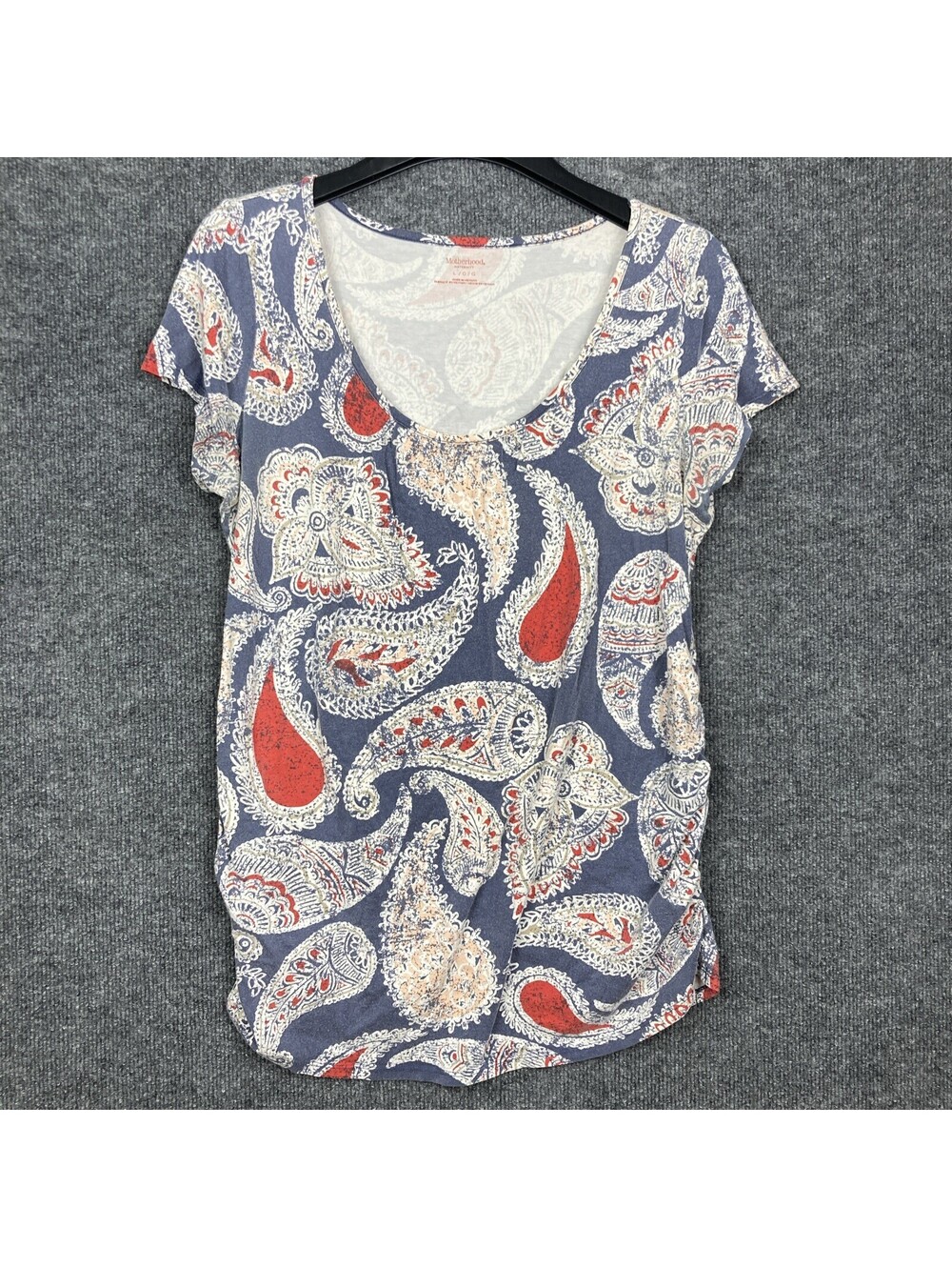 Motherhood Maternity Womens Large S/S Blue Paisley Side Ruching Scoop Neck Shirt